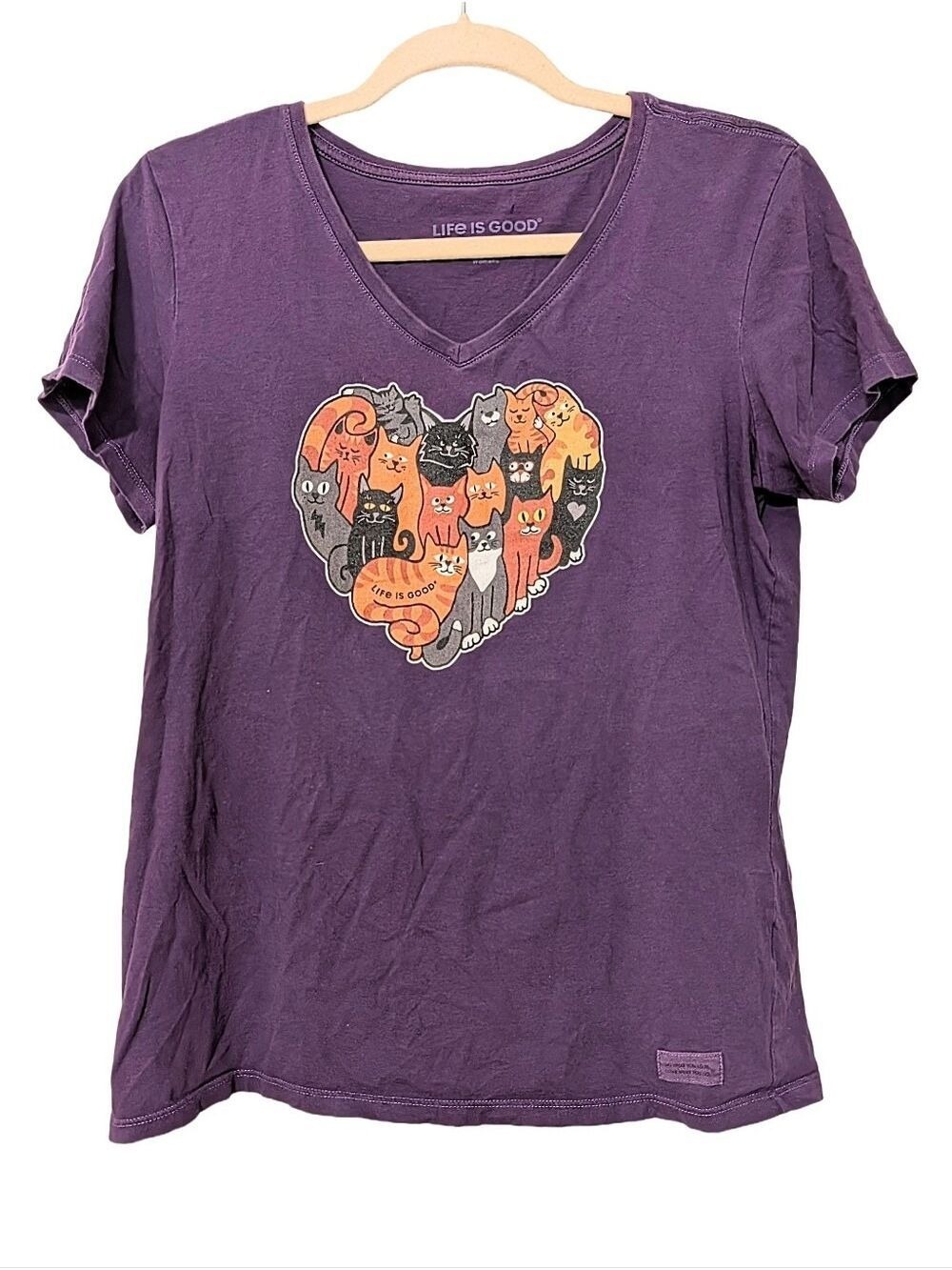 Life is Good Women's Purple V-Neck Cat Heart Graphic Tee - Picture 2 of 4